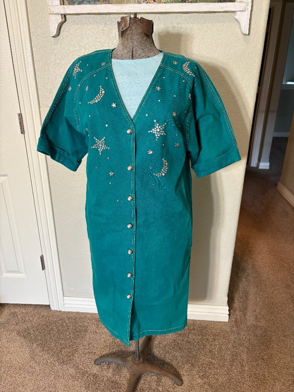 Vintage 90's Western Teal Jeweled Button Down Dress sz. M